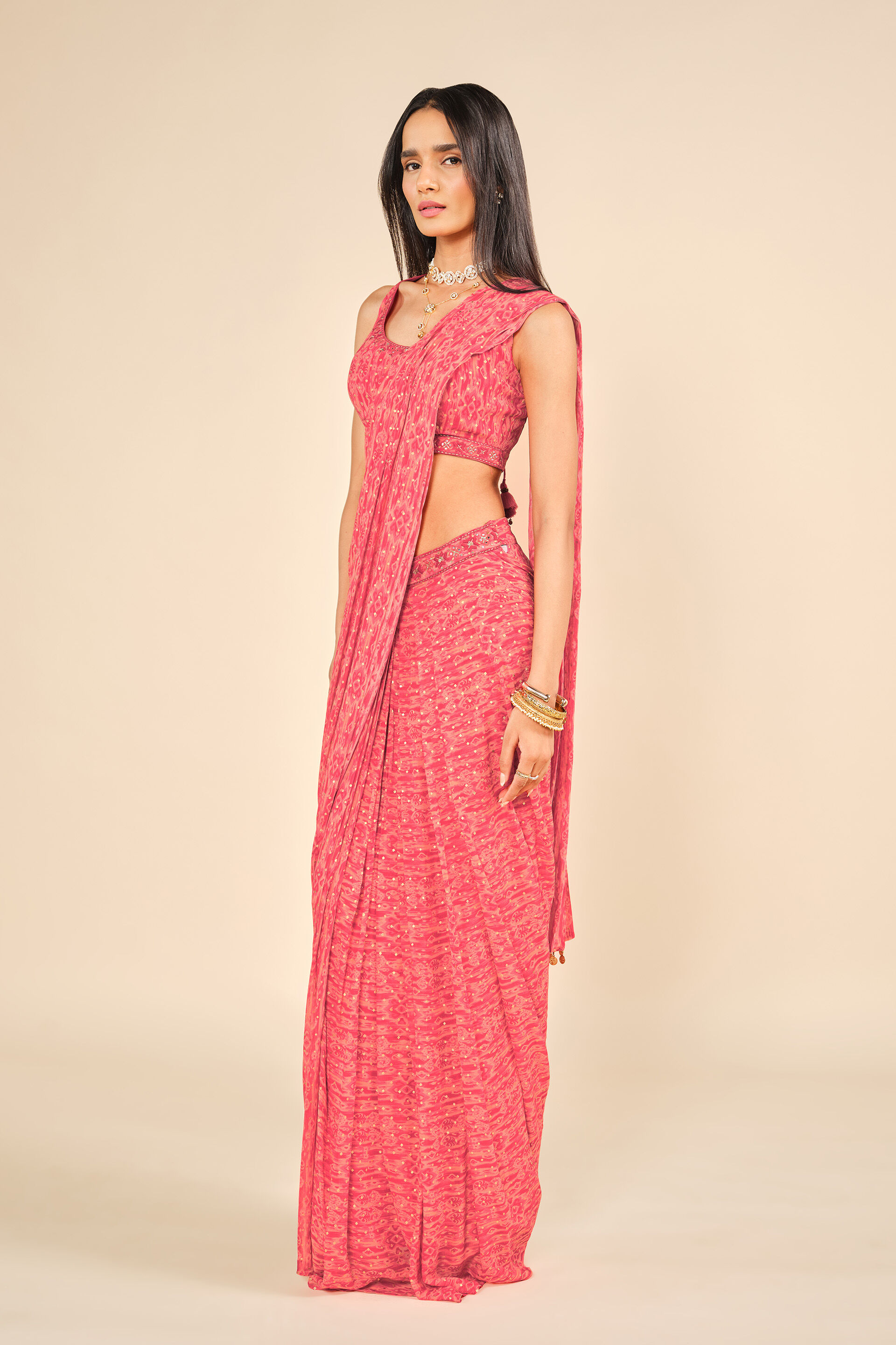 Palash Phool Pre-draped Saree, Coral, image 2